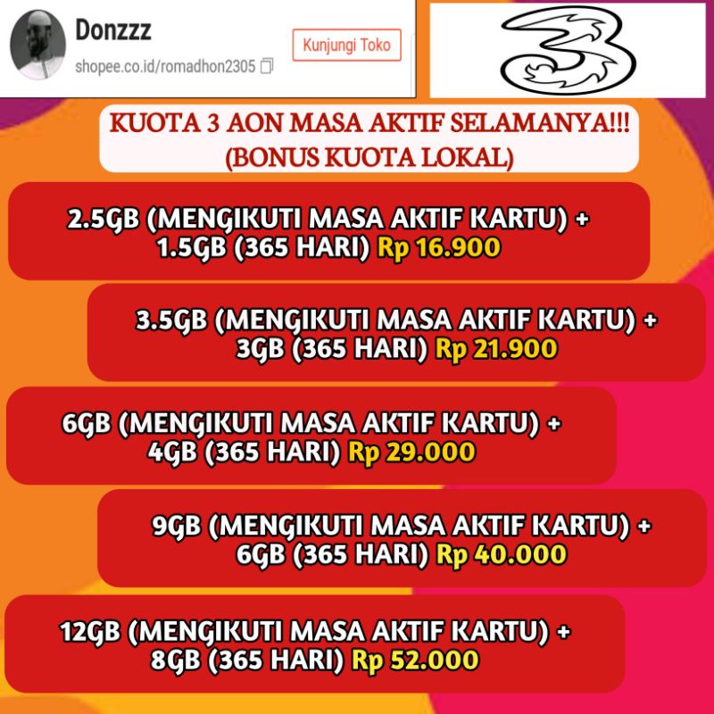 KUOTA THREE/3 AON(AKTIF SELAMANYA) + BONUS KUOTA LOKAL
