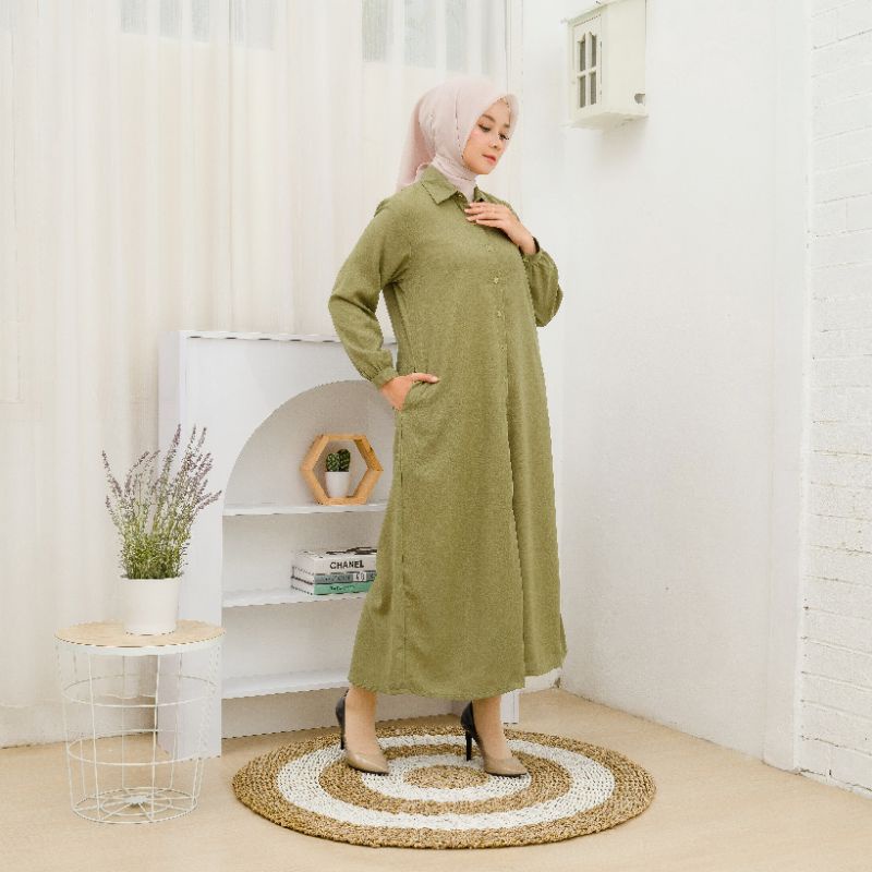 LARAS LONG TUNIK KATUN LINEN SAGE GREEN STANDAR & JUMBO / GAMIS LINEN STANDAR & JUMBO / OUTER LINEN