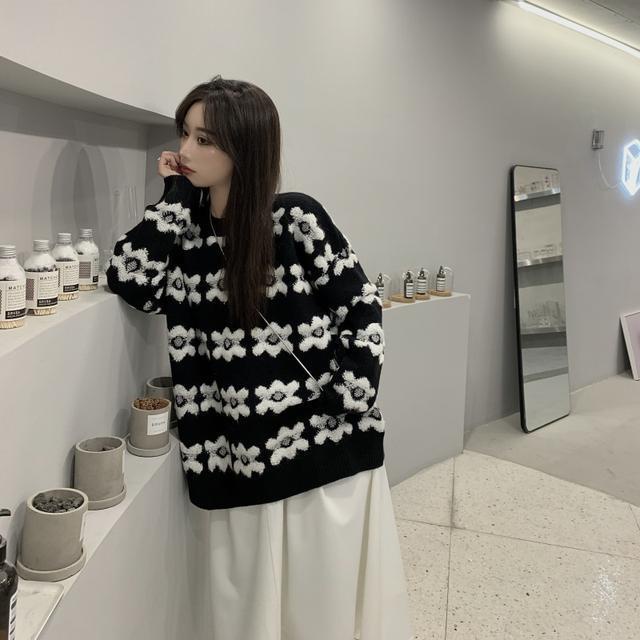 Suhao Malas Angin Bunga Pullover Sweater Wanita Musim Gugur Setelan Jas Longgar Fashion All-Match Sweater Lengan Panjang top Trendi