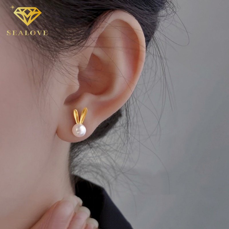 Anting-anting titanium anti karat, kelinci mutiara lucu, aksesoris Korea yang elegan