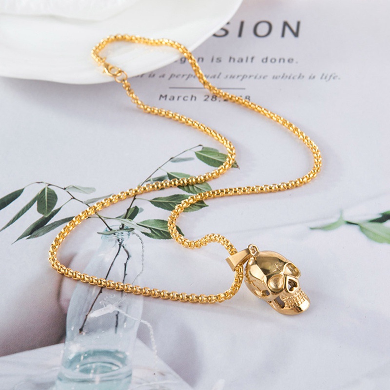 Punk Rock Kalung Pria Pesona Biker Gaya Motor Hitam Stainless Steel Tengkorak Tengkorak Liontin Necklaces