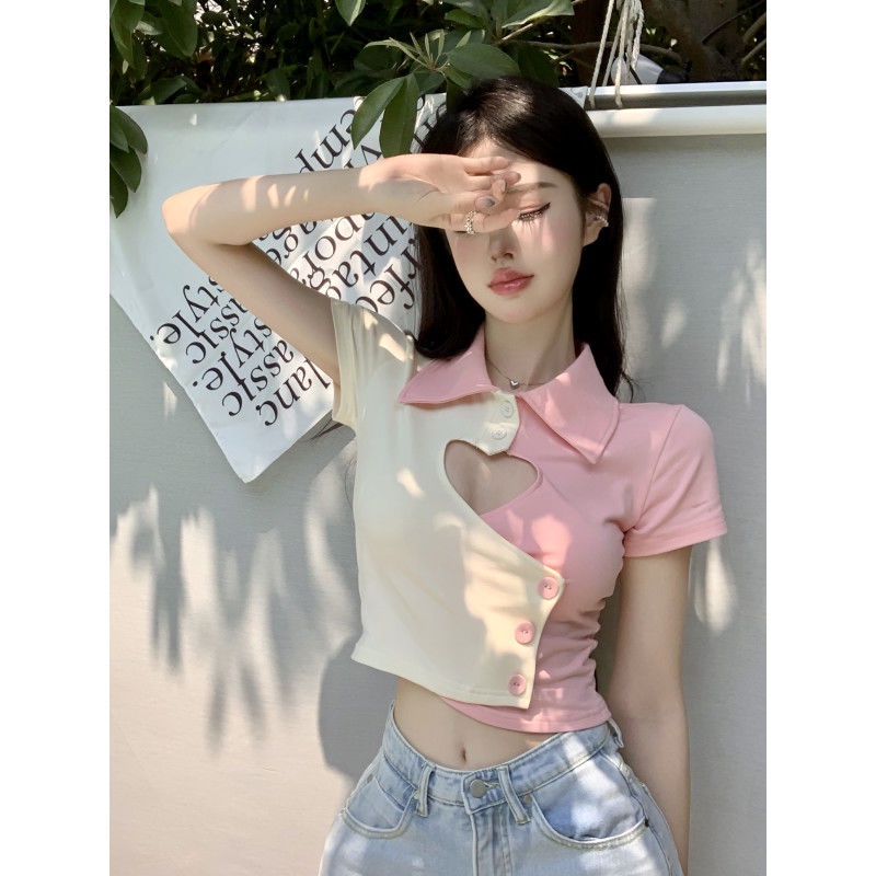 ❈Suhao manis hot gadis lengan pendek berongga T-shirt wanita musim panas pendek polo kerah chic slim slim desain niche top