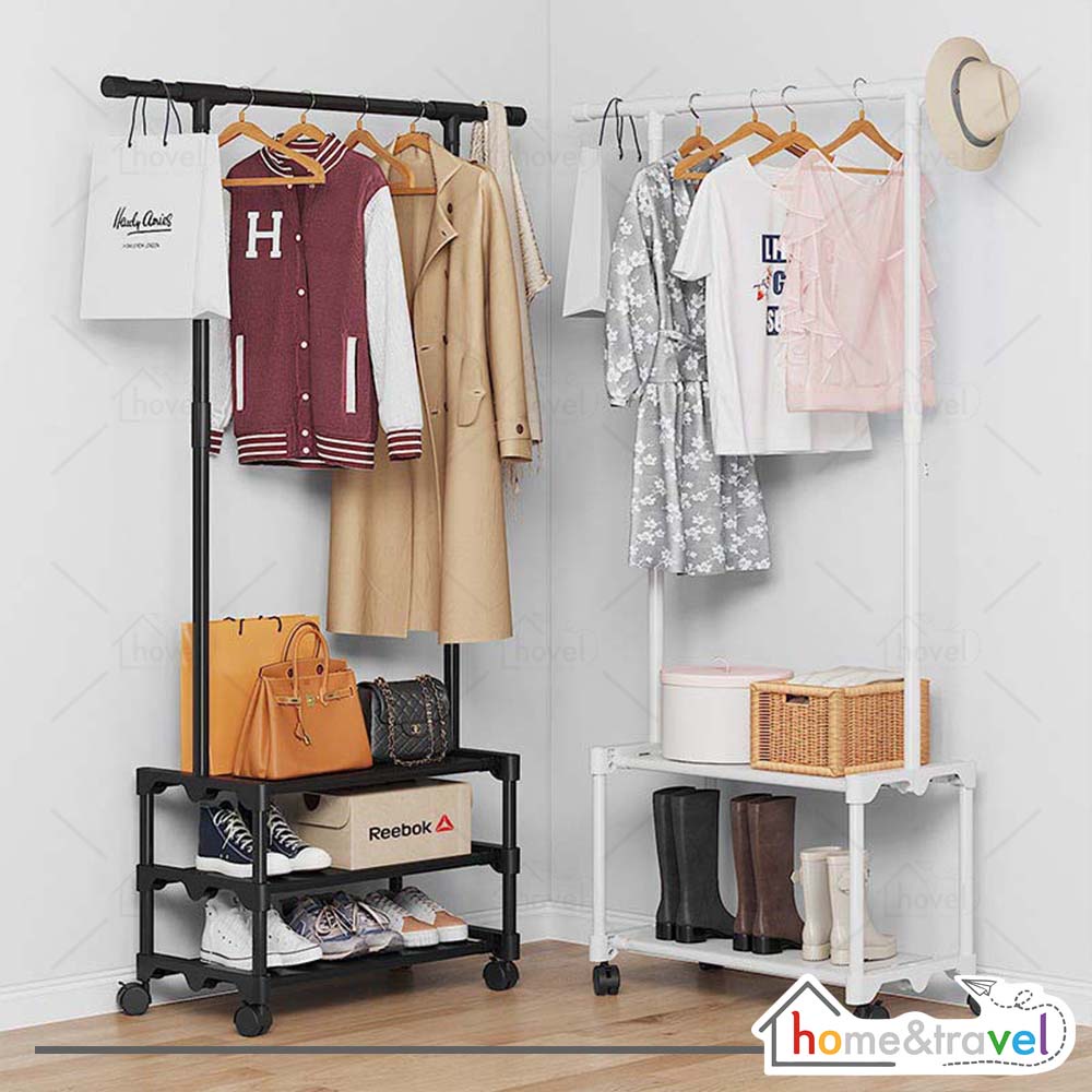 HOVELSHOP Rak Gantungan Gawang Besi 2 Susun Stand Hanger Sepatu Tas 4 Roda Besi Anti Karat