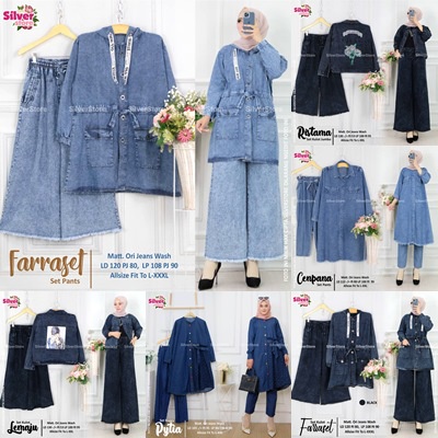 SETELAN JEANS / 11.7 / FARRASET YESIA YASMI MIREKEL ZASIA PANDAI ARIYANA PYTIA MEIKE / ONE SET ALLSIZE JUMBO / SILVER