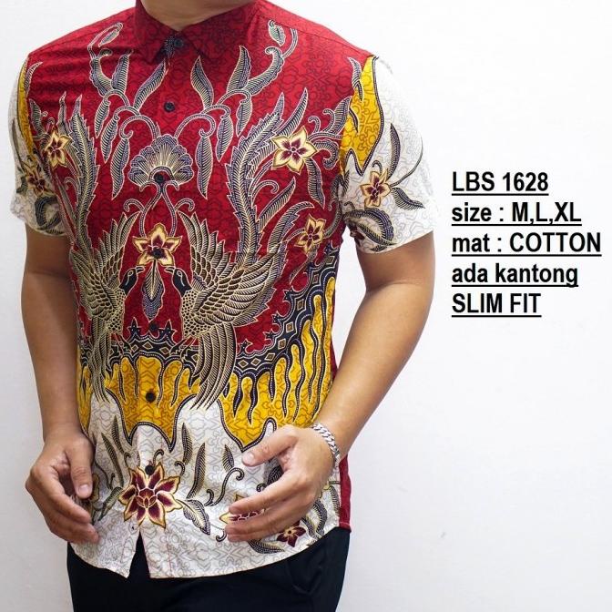Kemeja Batik Pria Slim Fit Merah / Baju Batik Pria Merah Imlek Ls539
