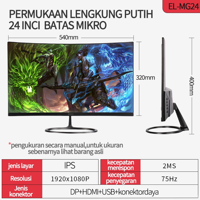 MIIGO monitor PC gaming - 24 Inch 1080P 75HZ IPS HDMI DP USB monitor lengkung di surabaya