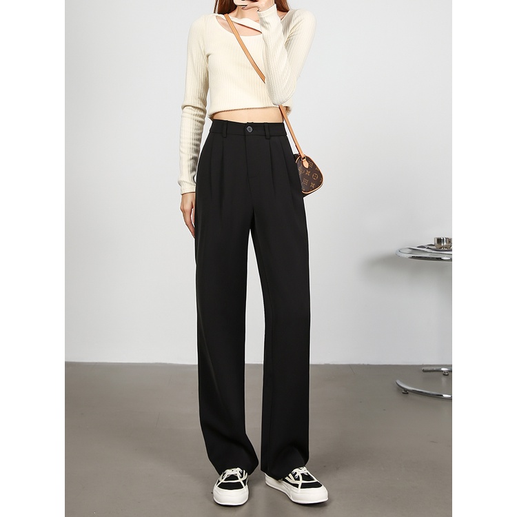 Hitam Celana Setelan Wanita Korean Highwaist Loose Celana Panjang Wanita Premium (Ada karet)