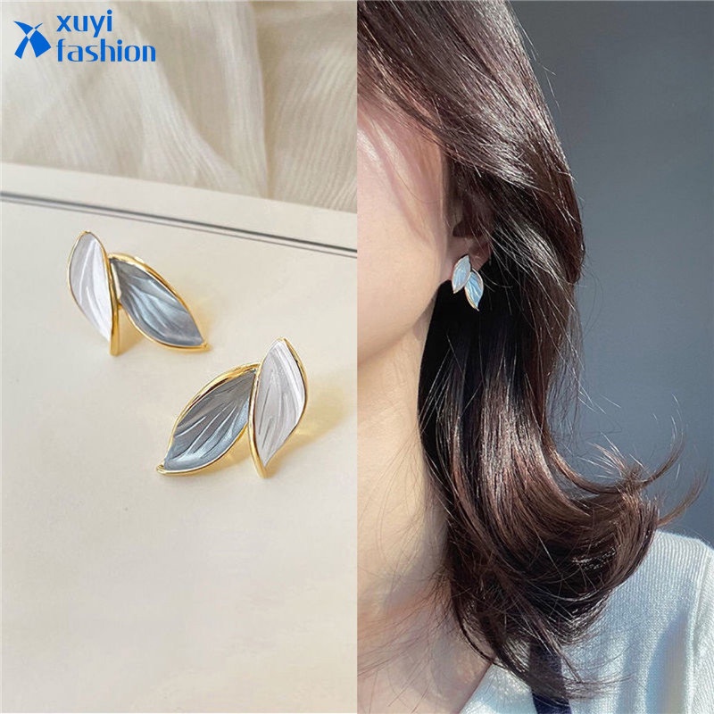 Anting Tusuk Tetes Minyak Sederhana Untuk Wanita Daun Emas Earring Fashion Aksesoris Perhiasan