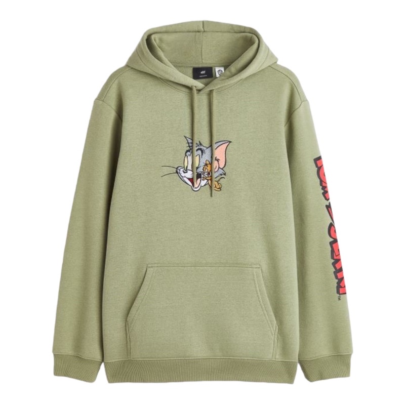 ( 8.8 ) Hoodie H&amp;M Unisex Sablon Tom and Jerry Green Army Hijau, Flecee Katun Lembut Tebal, Free Papperbag