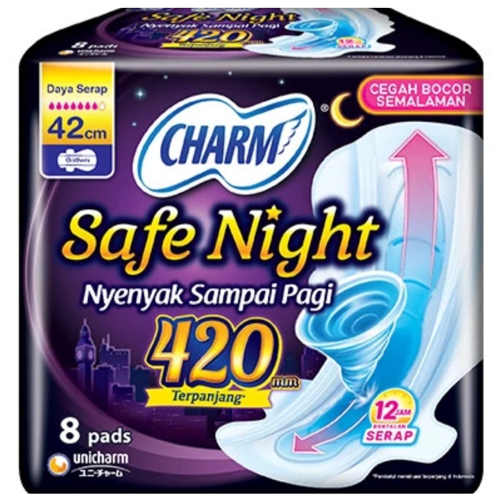 Charm Safe Night 42 cm 8 pads - Pembalut Charm Malam 42 cm 8 bh