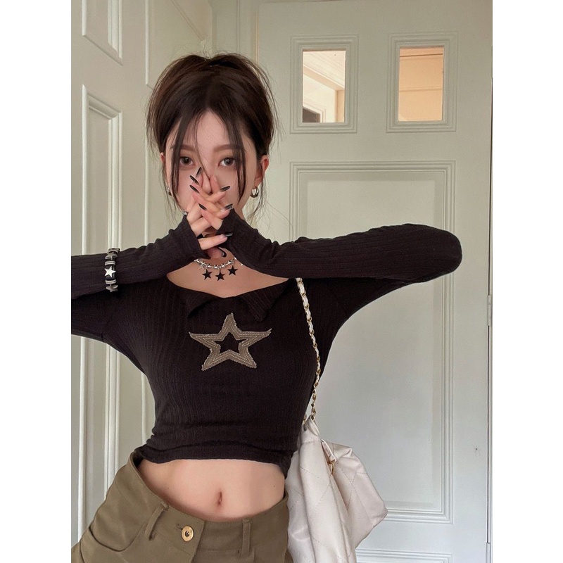 ⊕▪Suhao Inner Pendek Pullover Top Gaya Korea Chic Pola Bintang Musim Gugur Slim Lengan Panjang T-shirt Kemeja Wanita Retro