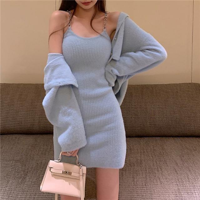 Suhao Sweater Wanita Longgar Pakaian Luar Bagian Pendek Berkerudung Sweater Top Setelan Jas Versi Korea Baru Biru Cardigan Jaket