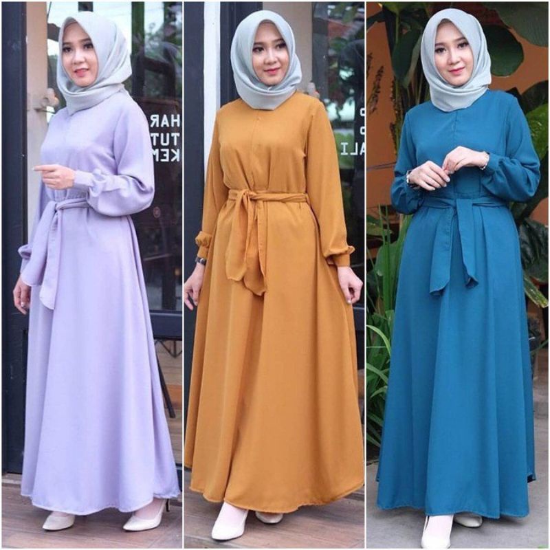 Dahnia Dress - Gamis Baju Dress Busui Fashion Muslim Tali Pinggang Lengan Tangan Panjang Biru Tua Un