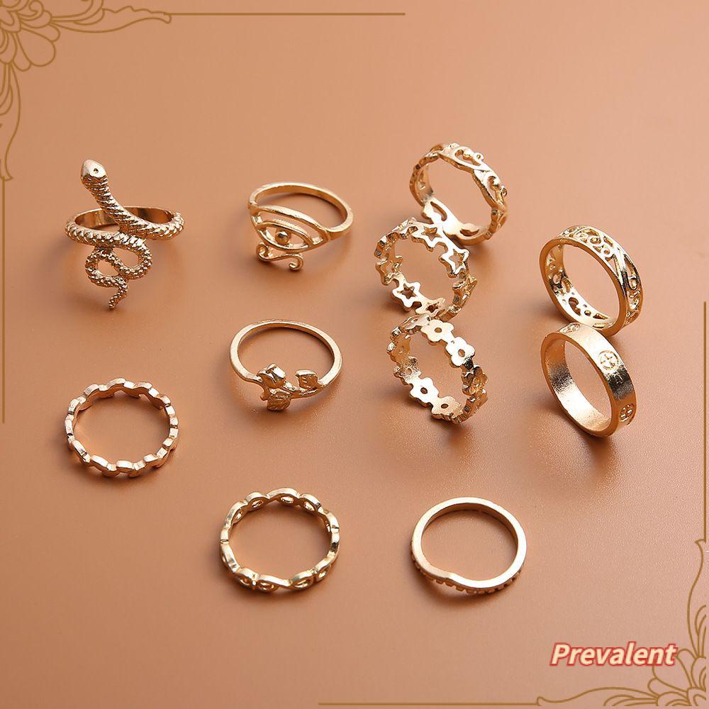 Preva 11Pcs/Set Cincin Berbentuk Ular Paduan Baru Perhiasan Bunga Ukir Bintang Emas