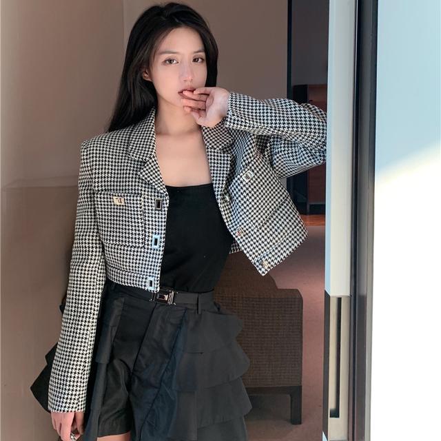 Suhao Houndstooth Mantel Wanita Setelan Jas Longgar Lengan Panjang Kardigan Bagian Tipis Perlindungan Matahari Pakaian Santai All-Match pendek Top