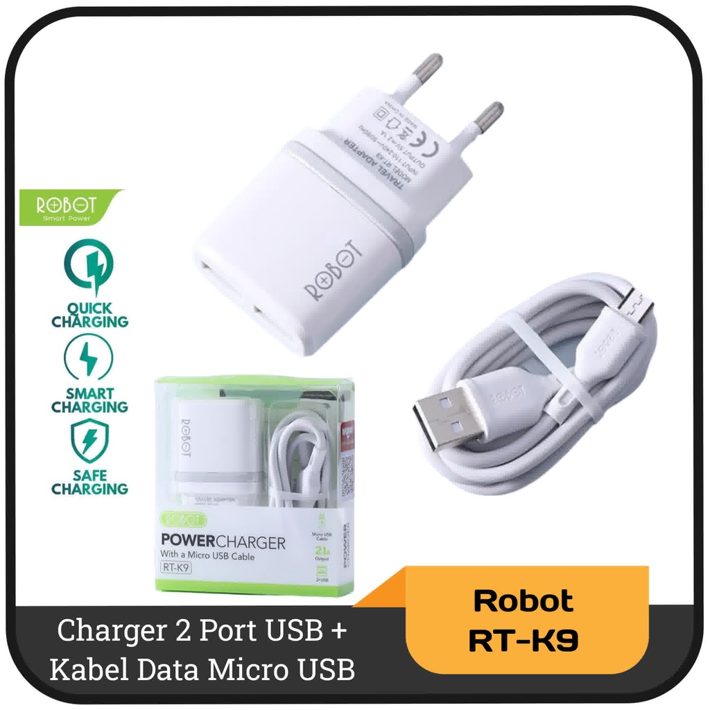 Charger 2 Port USB + Kabel Data  Micro USB 100cm Robot RT-K9 2,1A - White