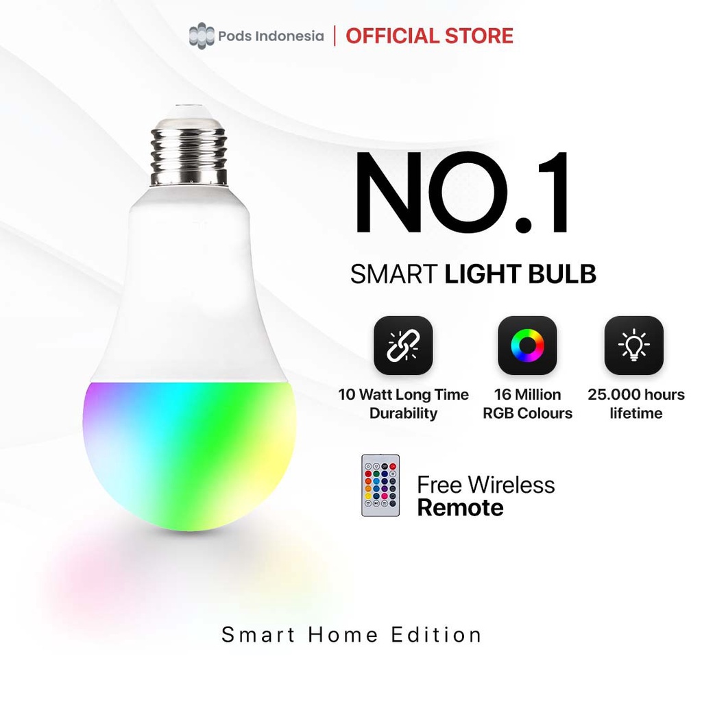 PODS INDONESIA SMART Light Bulb RGBW 12W Wifi Wireless IoT ORIGINAL GARANSI 1 TAHUN  - 16 JUTA WARNA Home Automation (Lampu Tidur Kekinian) Kamar Lampu Aesthetic Warna Warni Otomatis