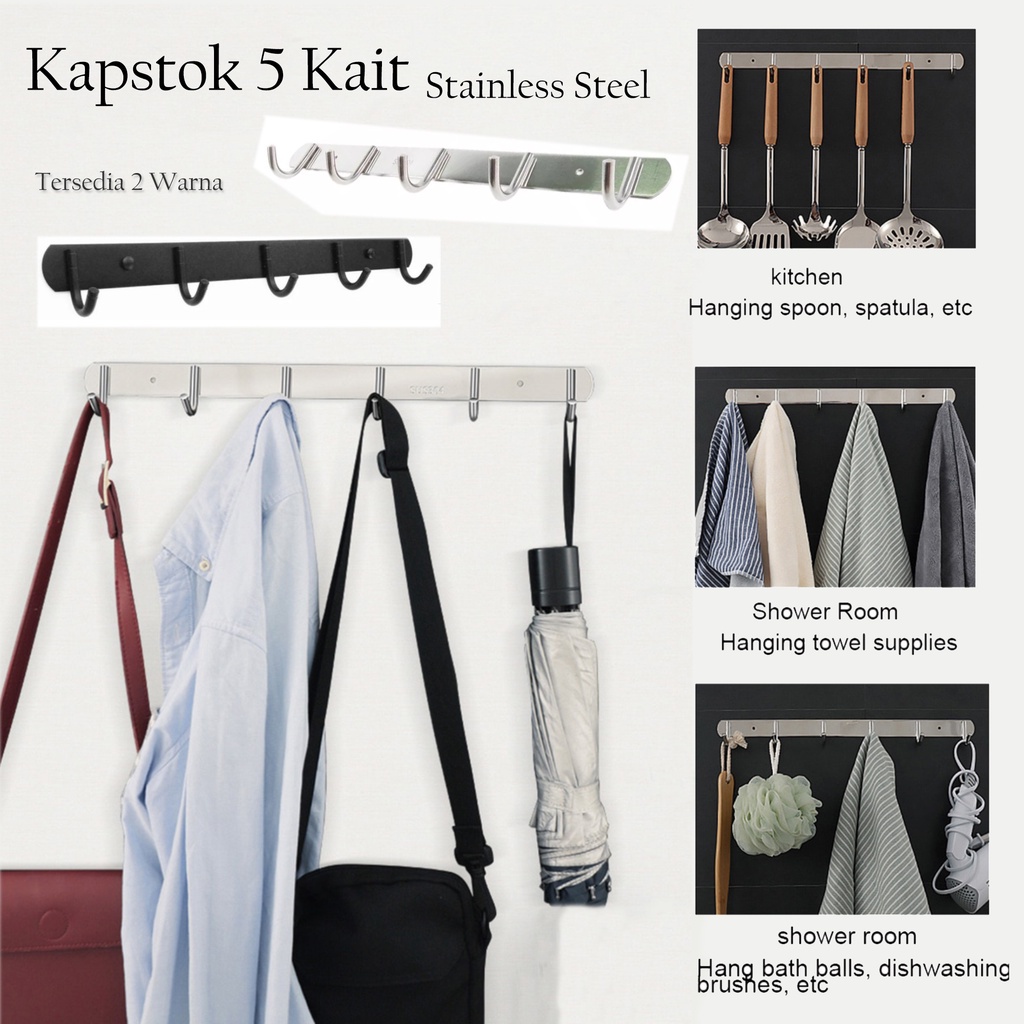 (SerbaSerbi)Gantungan Baju Hook 5 Kait Kamar Mandi Hitam &amp; Silver / Kapstok Hanger Stainles Cantolan Baju Anti Karat Kuat dan awet