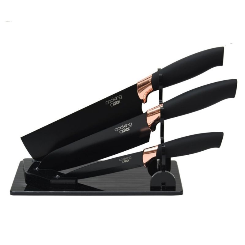 INFORMA - COOKING COLOR SET 3 PISAU DAPUR DENGAN STANDER HITAM / PISAU INFORMA