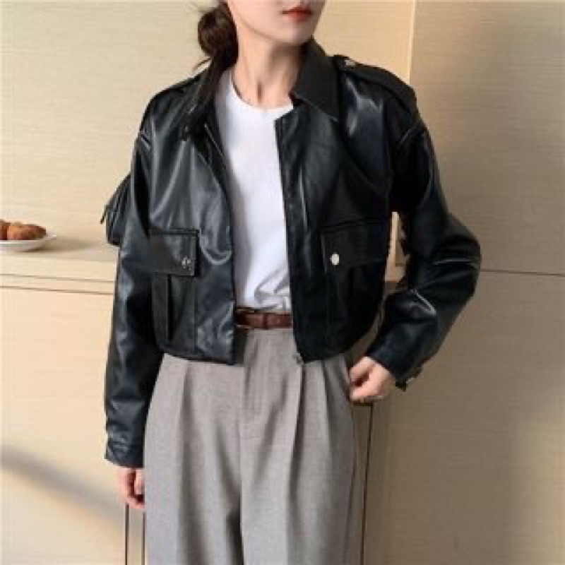 Jaket Kulit Crop Wanita oversize / Big pocket leather jacket