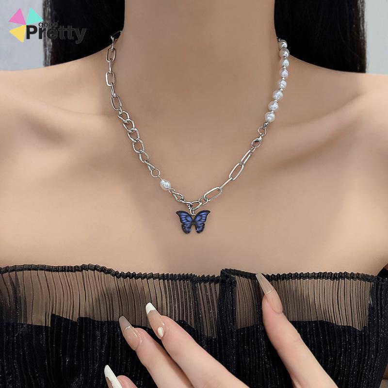 Kalung Rantai Kupu-Kupu Mutiara Desain Choker Fashion Korea Gaya Untuk Wanita - PD