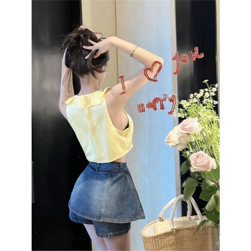 Korean Crop Top Satin Sleeveless Crop Top Satin Tanpa Lengan 1608 (S-XL)