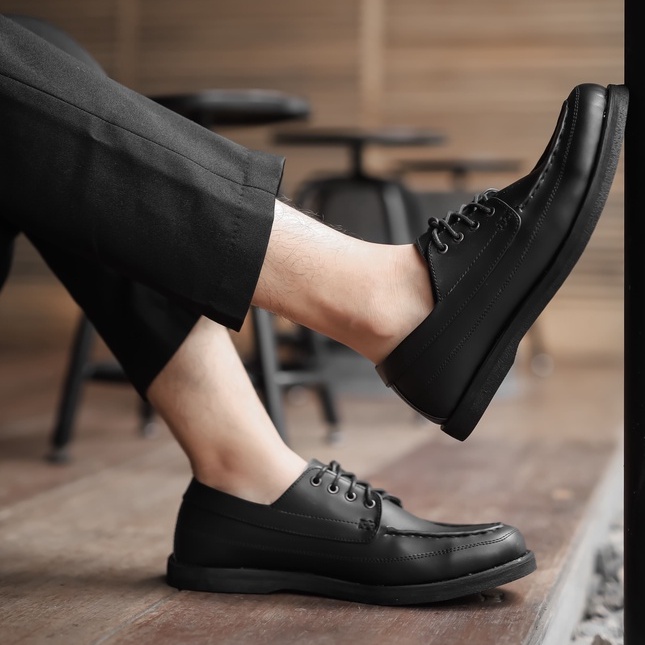 ARF MORRIS BLACK - Sepatu Pantofel Pria Casual Kerja Kulit Hitam Tali Kantor Formal Pantopel Fantofel Original