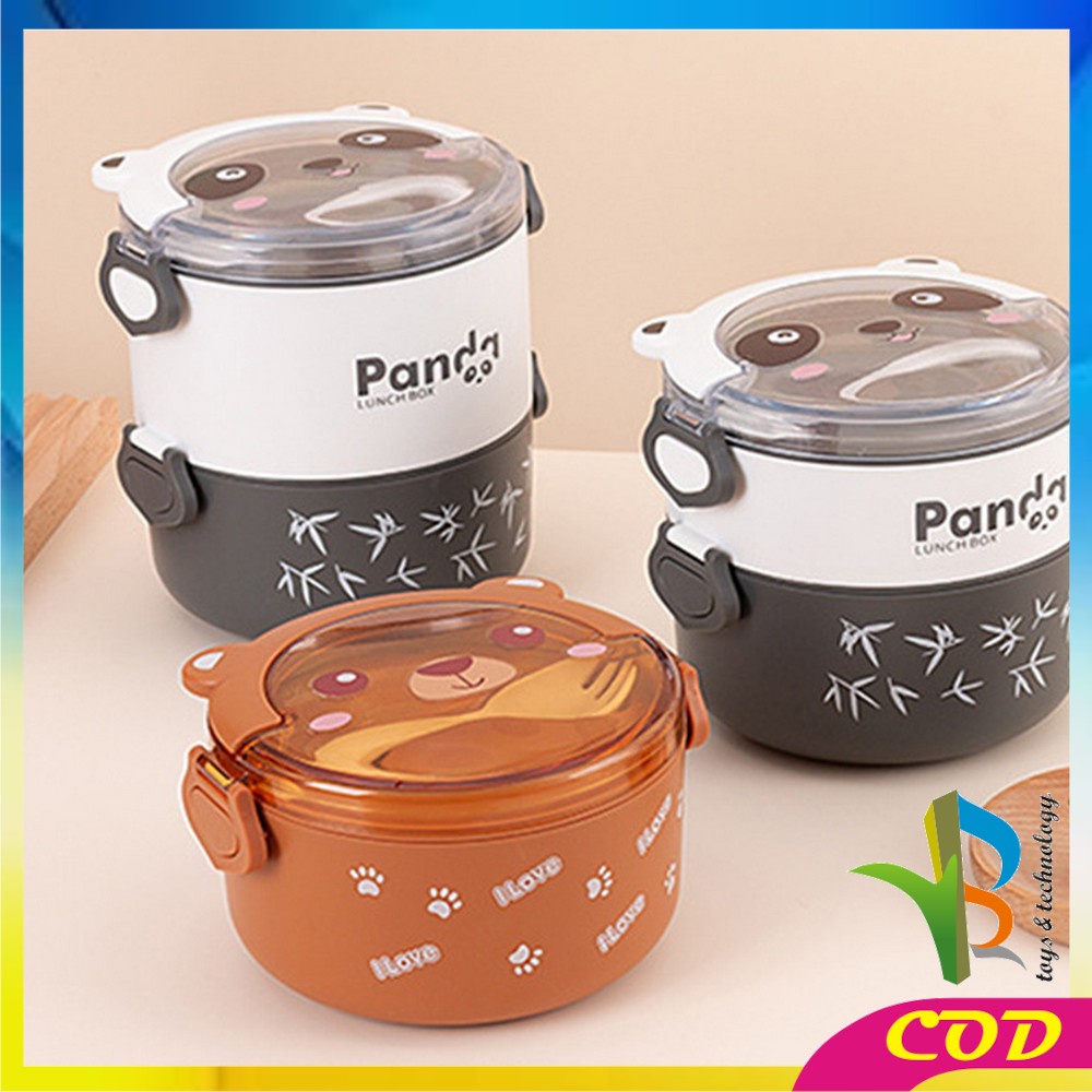 RB-C690 Tempat Makan Lunch Box Set Bulat 2 Tingkat Motif Panda Beruang Lucu Dengan Sendok / Kotak Bekal Anti Tumpah Portable Set BPA FREE