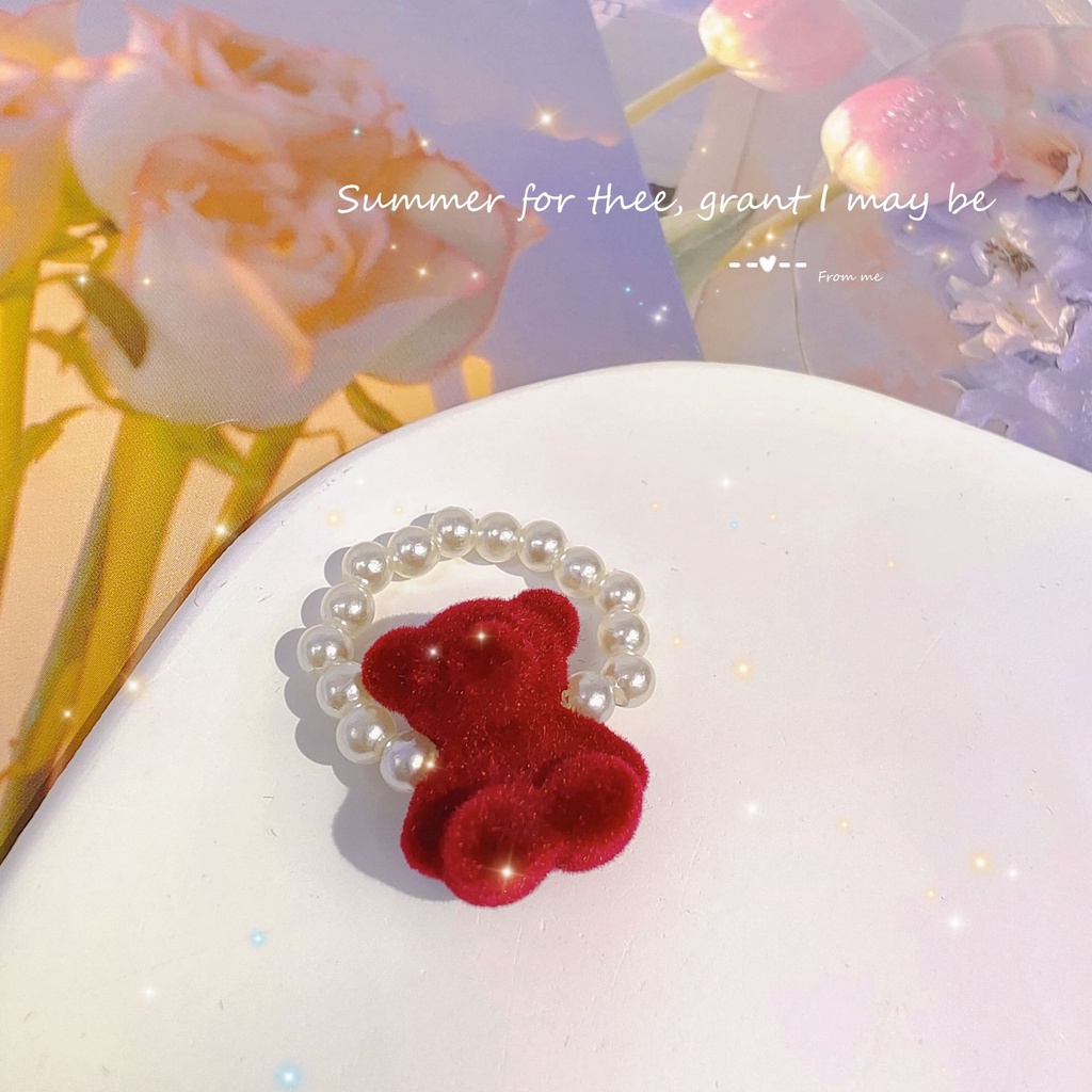 Fashion Wanita Perhiasan Resin Buatan Mutiara Flocking Bear Cincin