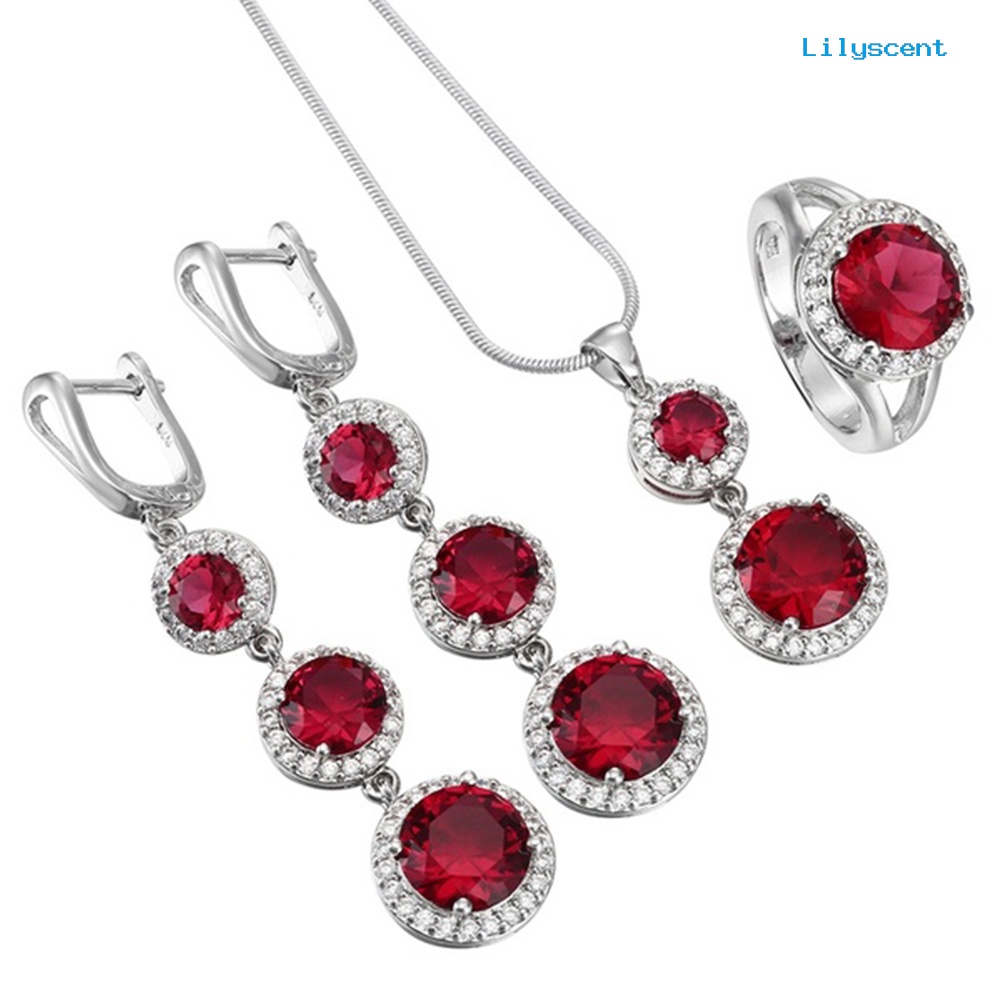 [LS] Wanita Faux Gemstone Cubic Zirconia Pendant Kalung Anting Cincin Set Perhiasan