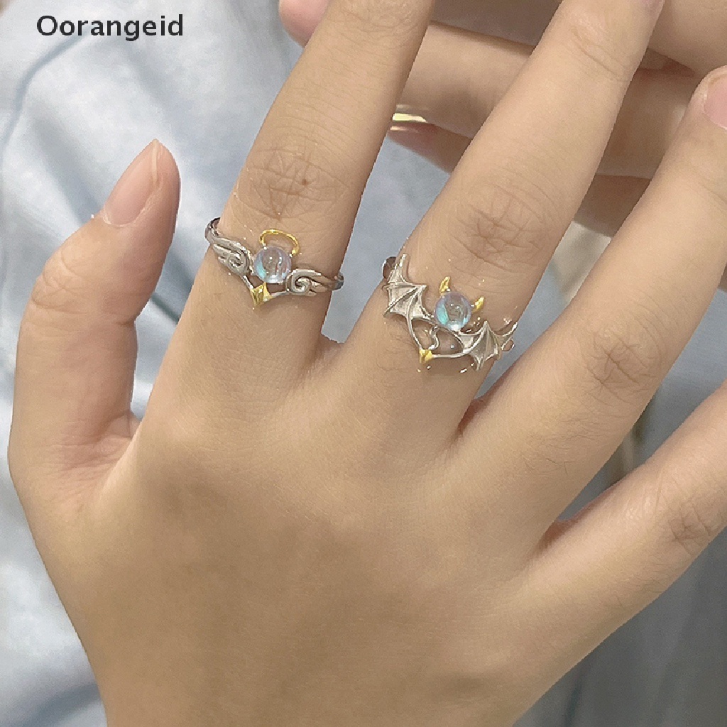 [orange*good] Moonstone Angel and Demon Wings Cincin Pasangan Untuk Wanita Fashion Cincin Pembukaan Yang Dapat Disesuaikan Perhiasan Pesta [ID]