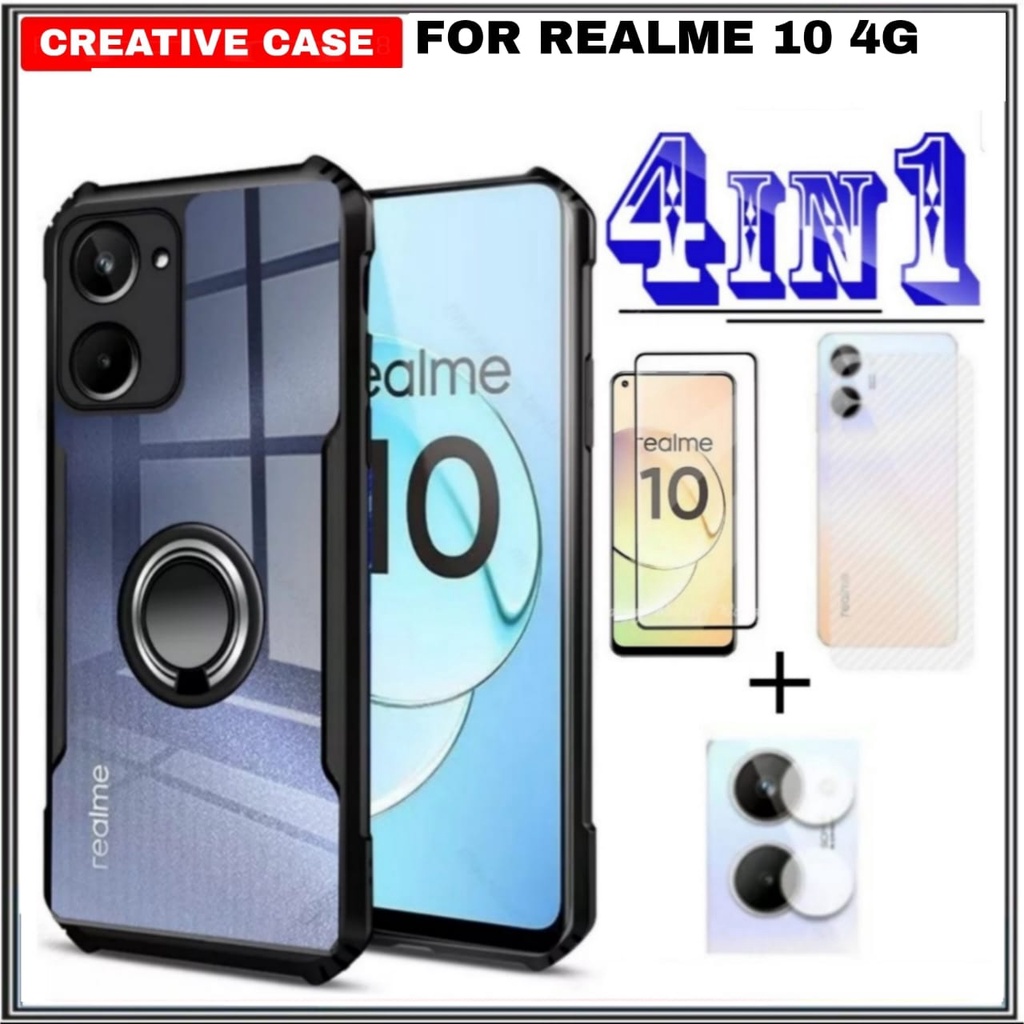 PAKET 4 INC 1 Case REALME 10 4G 2022 Tpu Shocprof RINKG - REALME 10 4G, Hitam