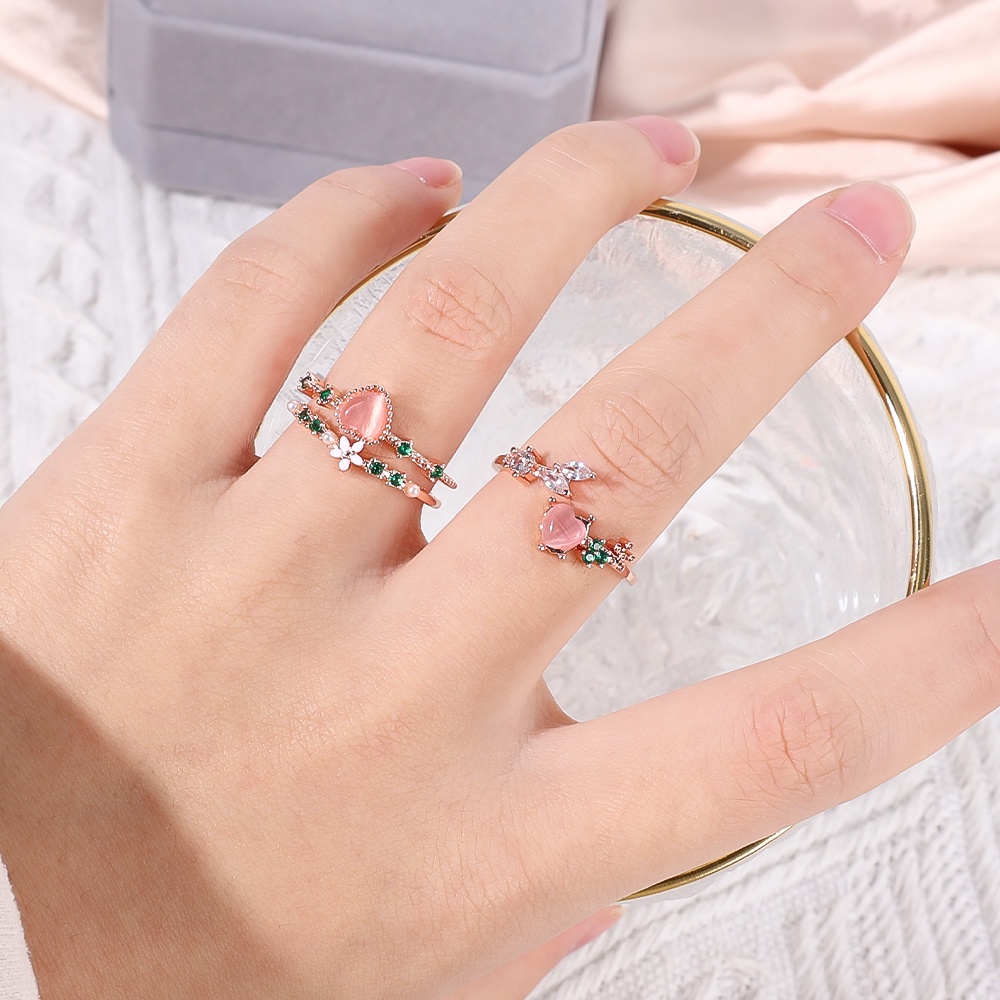 Hadiah Yang Indah Halus Wanita Cincin Pesta Terbuka Yang Dapat Disesuaikan Manis Perhiasan Fashion Wanita Elegan Jepang Korea Jari Cincin Sederhana Berlian Imitasi Mutiara Halus Tipis Lucu Merah Muda Cinta
