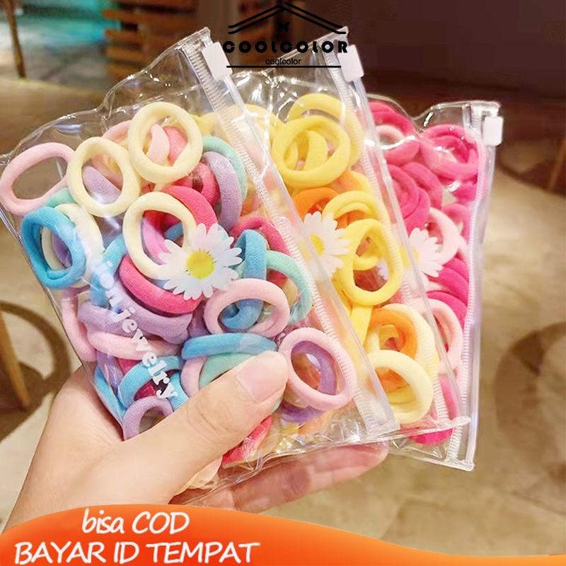 COD❤️50 PCS Lingkaran Rambut Anak Perempuan Merajut Handuk Lingkaran  Perempuan Kecil Berwarna Karet Gelang Tas Penyimpanan Daisy Kecil