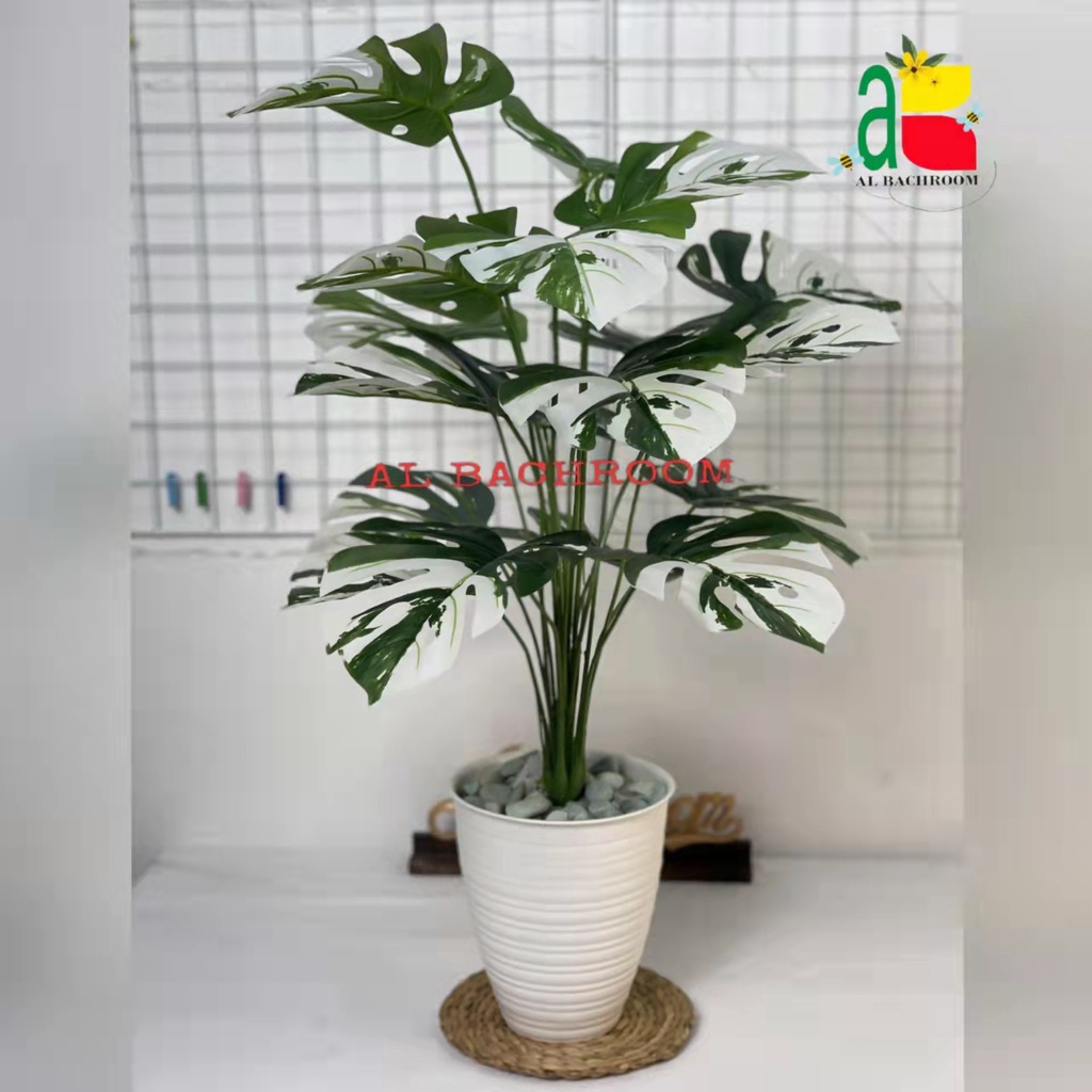 1 PAKET TANAMAN MONSTERA VARIEGATA DAUN PLASTIK DAN POT PIRUS 20CM DEKORASI POHON SUDUT RUMAH RB6028 DAUN MONSTERA JUMBO