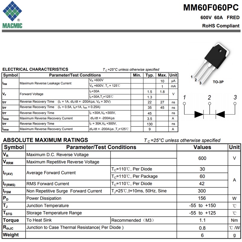 DIODA MM60F060 MM 60F060 TO-3P 600V 60A FRED FAST RECOVERY RECTIFIER DIODE MM60F060PC