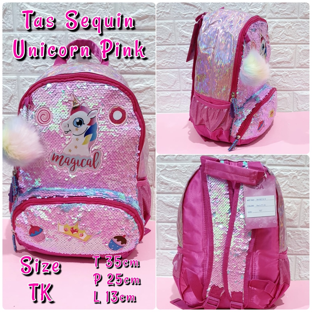 Tas Sekolah Ransel Anak TK dan SD Motif Sequin Pink LOL dan Unicorn Backpack Anak Perempuan