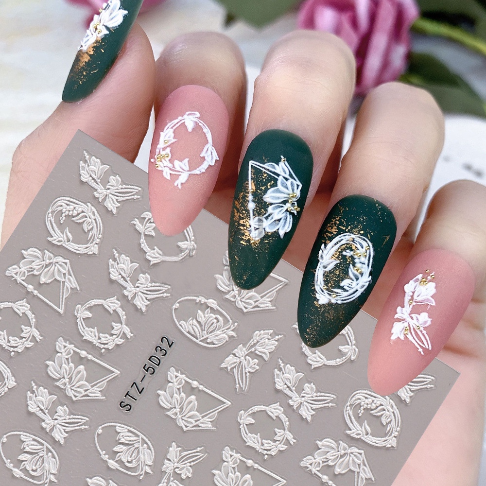 5d Bunga Timbul Stiker Perancis Geometris Garis Pola Perekat Diri Kuku Decal Elegan Manicure Art Dekorasi