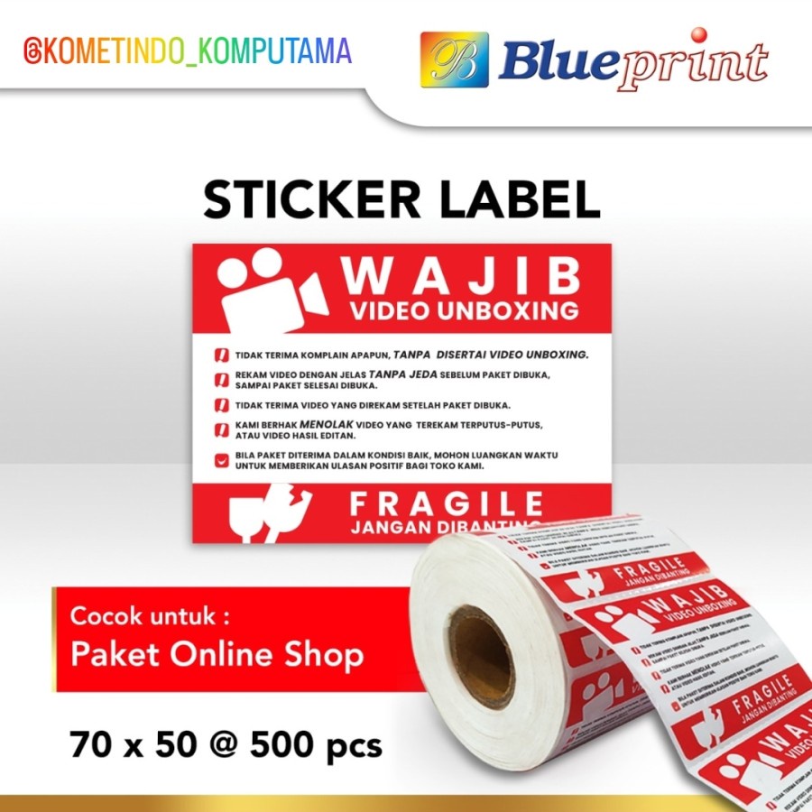 FRAGILE Sticker label Barcode 70x50 Semi Coated BLUEPRINT isi 500Pcs