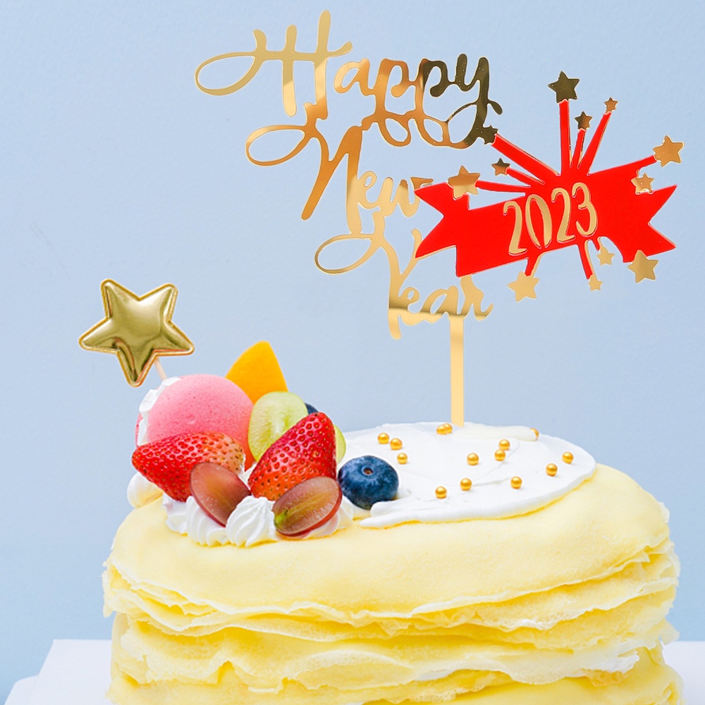 Happy New Year 2023kartu Kue Akrilik/Dekorasi Dessert Pesta Keluarga Golden Red