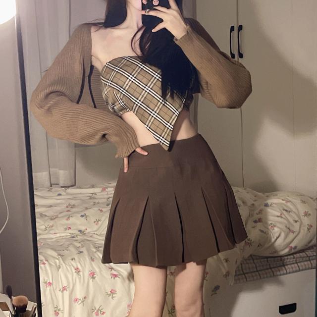 Suhao one-piece suit rusa coklat manis ~ Korea retro keinginan murni gadis panas kotak-kotak tanpa tali kamisol + rok khaki