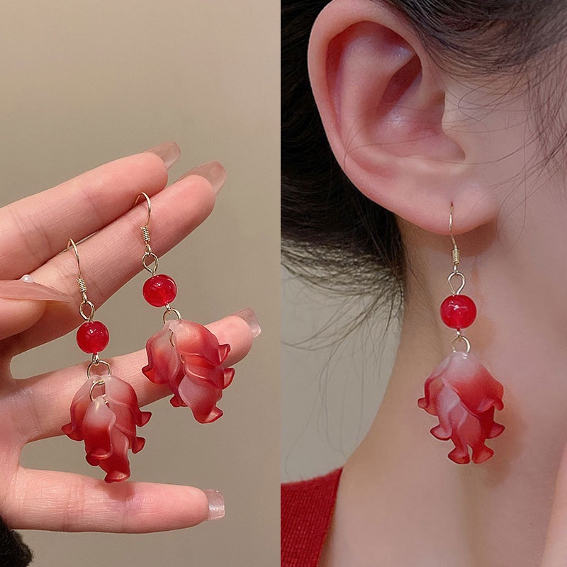 Retro Bunga Merah Rumbai Gaya Baru Anting Mode Temperamen High-End Gaya Baru