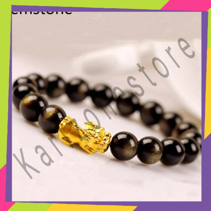 GELANG BATU BULU MONYET ASLI KOMBINASI PIXIU LAPIS EMAS