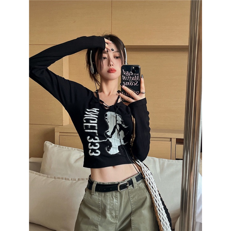 ◆﹍Suhao Rasa Desain Hot Girl Cetak Slim Hitam Lengan Panjang T-shirt Wanita Musim Gugur 2022 Baru Temperamen Slim Pendek top