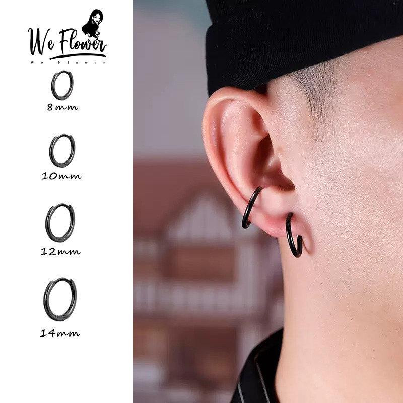 We Flower 1PC Anting Hoop Hitam Stainless Steel Gaya Punk Untuk Pria Wanita Unisex Piercing Lingkaran Bulat Anting Keren Fashion Tulang Rawan Telinga Perhiasan