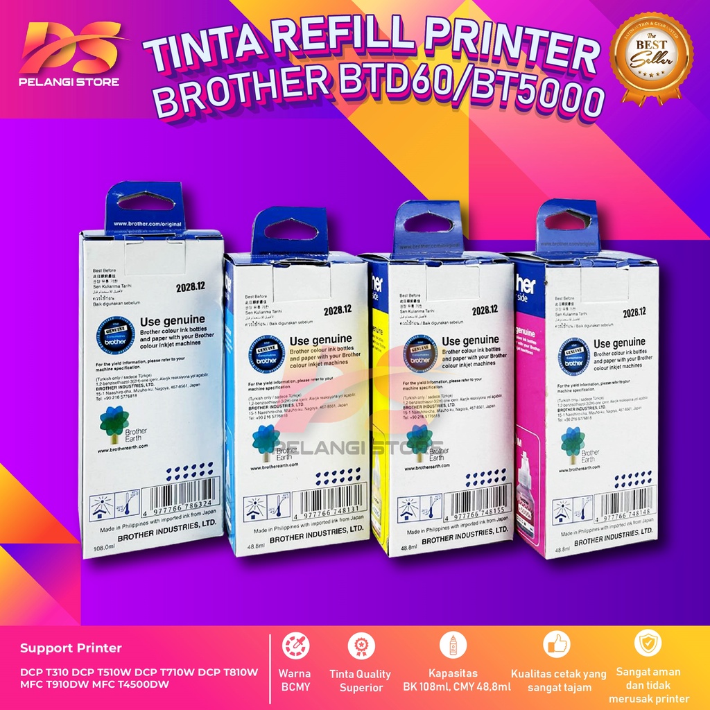 1 SET 4 PCS Tinta Brother BTD60BK BT5000 Tinta Printer DCP T310 DCP T510W DCP T710W DCP T810W MFC T910DW MFC T4500DW