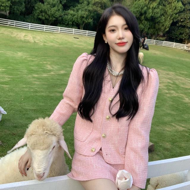 Setelan one-piece Suhao tepat ~ Setelan wewangian kecil merah muda dengan mantel pendek lengan kembung + set dua potong rok pinggang tinggi