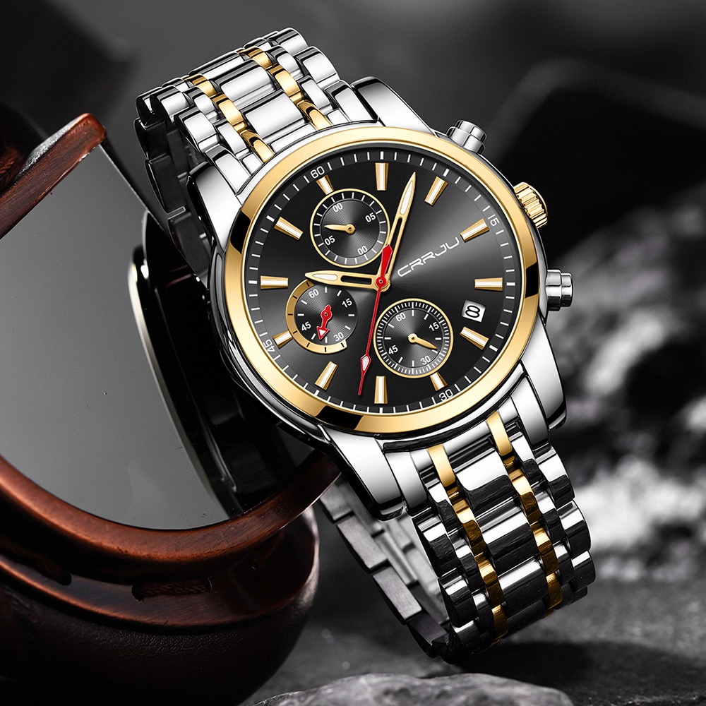 CRRJU Jam Tangan Pria Fashion Tahan Air Baja Tahan Karat Olahraga Jam Tangan Men's Chronograph Quartz Watch