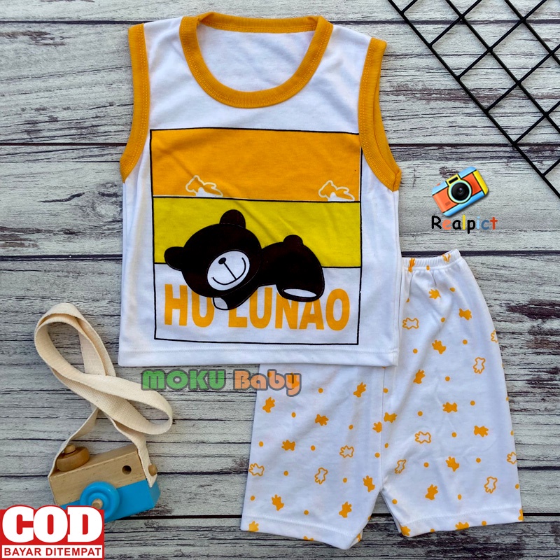 Setelan Baju Bayi Setelan Singlet Bayi Lengan Kutung Motif Sleep Bear Usia 3-12 Bulan