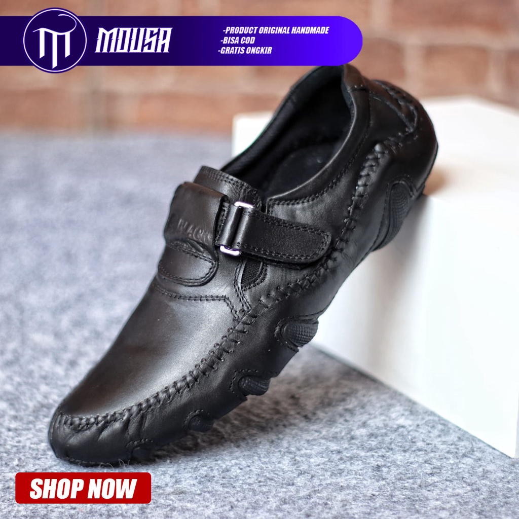 Sepatu Formal Pria Casual Kulit Asli Slop Pantofel Kerja Kantor Kuliah Kondangan Hitam Mousa Cuffon